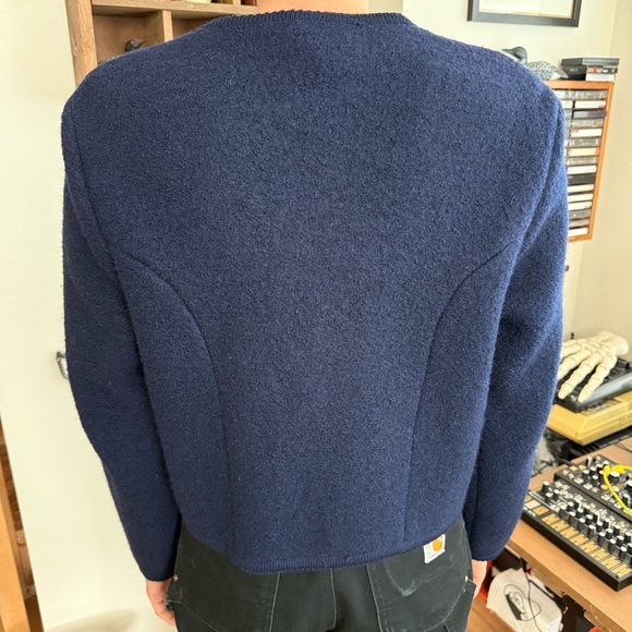 ๐ SOLD ๐ Vintage 60s Navy Blue Boiled Wool Full Button Knit Cardigan ~ Size M - Picture 5 of 7